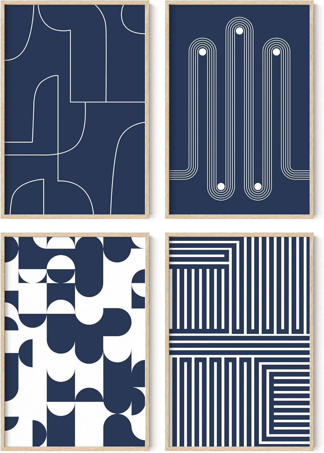 imageHAUS AND HUES Blue Abstract Wall Art Set of 4  Watercolor Seascape Prints Modern Abstract Decor Framed Blue Artwork for Walls Beige Frame 8x10Navy Geometric Shapes