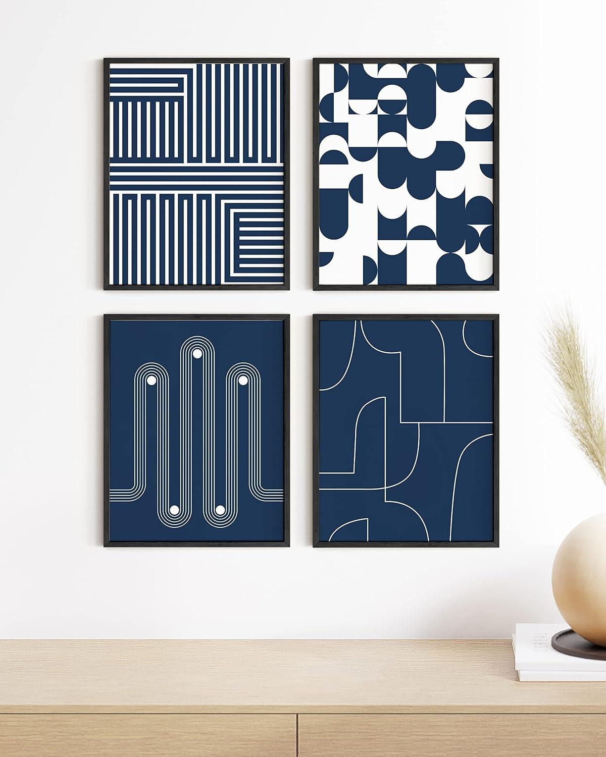imageHAUS AND HUES Blue Abstract Wall Art Set of 4  Watercolor Seascape Prints Modern Abstract Decor Framed Blue Artwork for Walls Beige Frame 8x10Navy Geometric Shapes