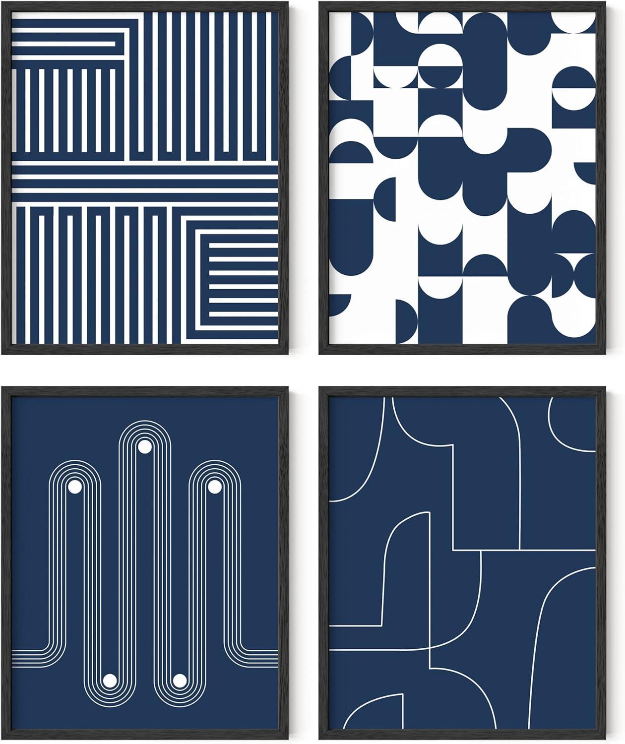 imageHAUS AND HUES Blue Abstract Wall Art Set of 4  Watercolor Seascape Prints Modern Abstract Decor Framed Blue Artwork for Walls Beige Frame 8x10Navy Geometric Shapes