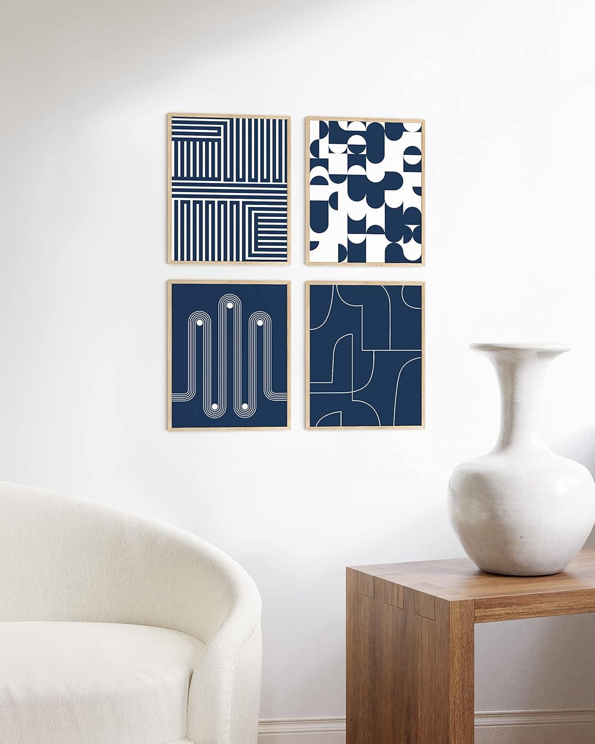 imageHAUS AND HUES Blue Abstract Wall Art Set of 4  Watercolor Seascape Prints Modern Abstract Decor Framed Blue Artwork for Walls Beige Frame 8x10Navy Geometric Shapes