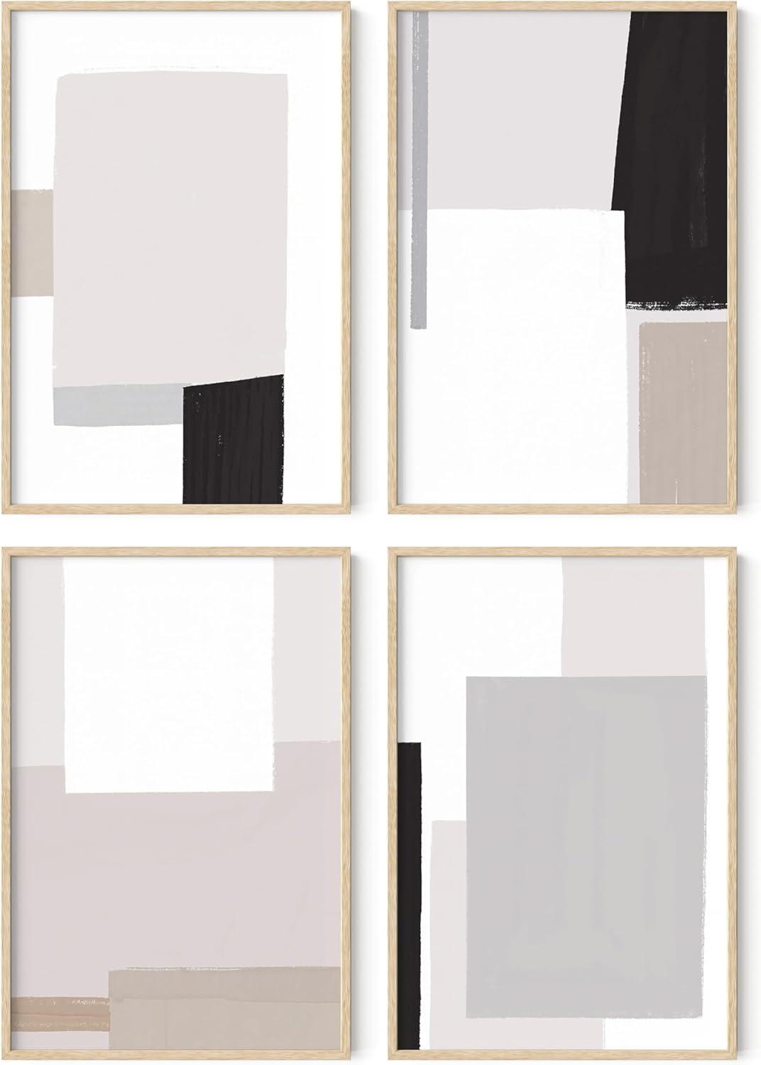 imageHAUS AND HUES Blue Abstract Wall Art Set of 4  Watercolor Seascape Prints Modern Abstract Decor Framed Blue Artwork for Walls Beige Frame 8x10Shapes  Strokes