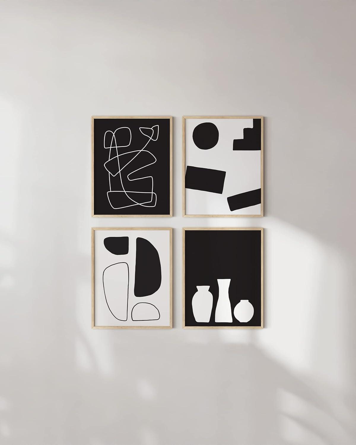 imageHAUS AND HUES Nature Wall Art  Set of 4 Landscape Abstract Prints Watercolor Artwork with Earth Tones Neutral Modern Wall Decor for Home 8x10 Beige FrameBW Modern Shapes Set of 4