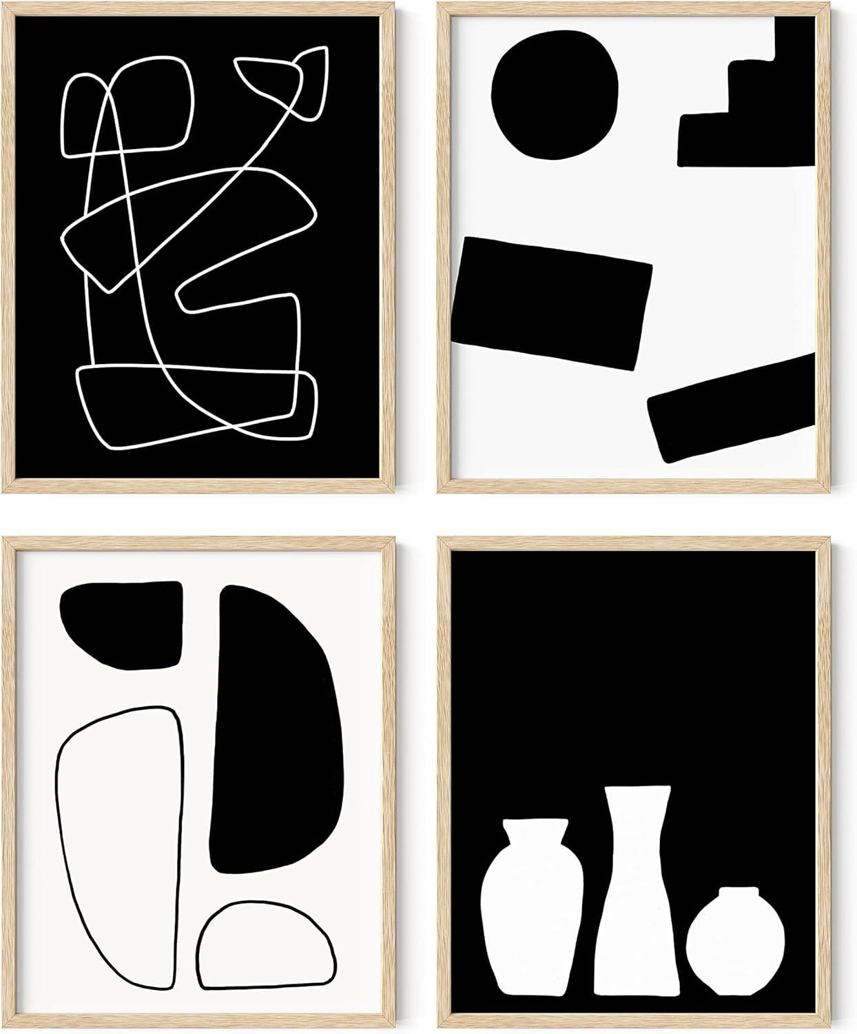 imageHAUS AND HUES Nature Wall Art  Set of 4 Landscape Abstract Prints Watercolor Artwork with Earth Tones Neutral Modern Wall Decor for Home 8x10 Beige FrameBW Modern Shapes Set of 4