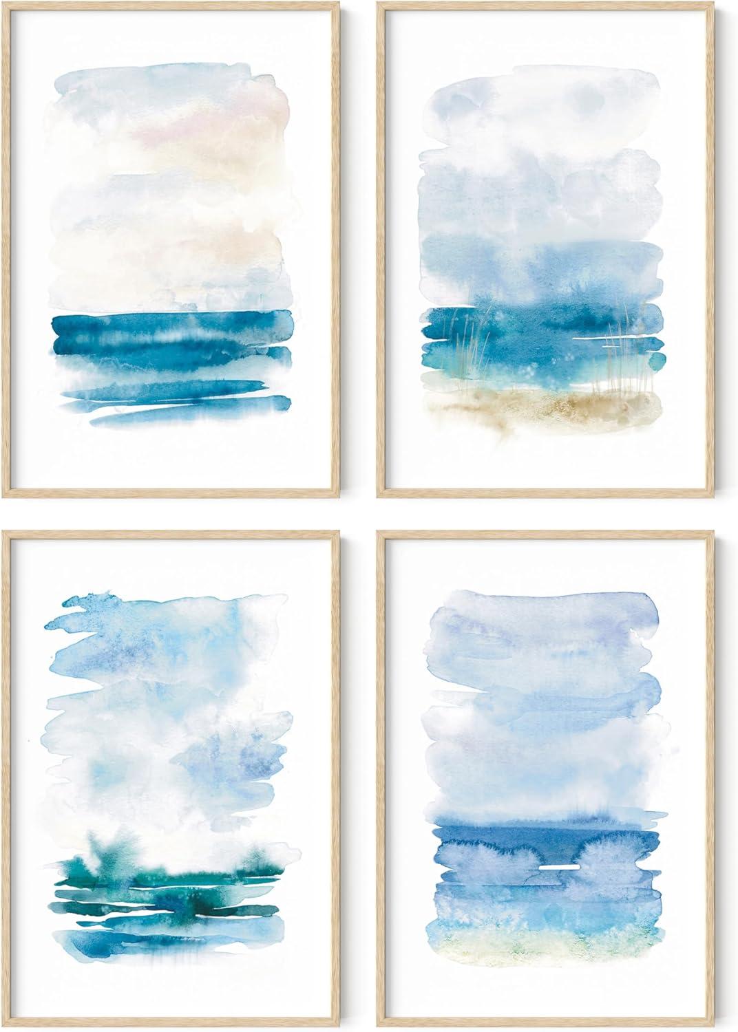 imageHAUS AND HUES Nature Wall Art  Set of 4 Landscape Abstract Prints Watercolor Artwork with Earth Tones Neutral Modern Wall Decor for Home 8x10 Beige FrameSeascape Set of 4
