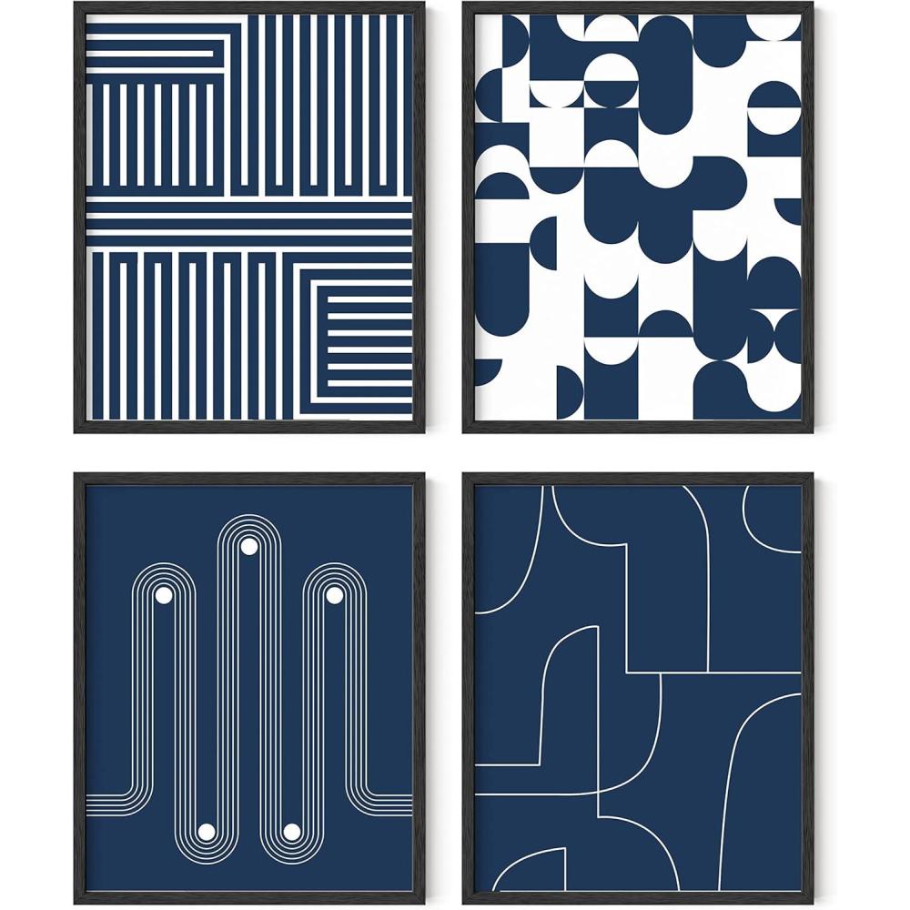 imageHAUS AND HUES Blue Abstract Wall Art Set of 4  Watercolor Seascape Prints Modern Abstract Decor Framed Blue Artwork for Walls Beige Frame 8x10Navy Geometric Shapes