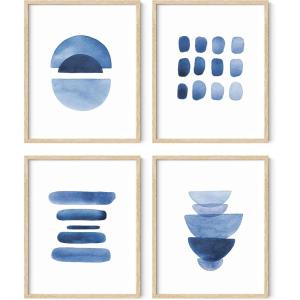 imageHAUS AND HUES Blue Abstract Wall Art Set of 4  Watercolor Seascape Prints Modern Abstract Decor Framed Blue Artwork for Walls Beige Frame 8x10Abstract Blue