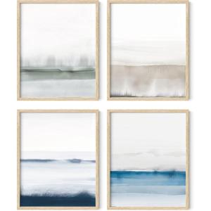 imageHAUS AND HUES Blue Abstract Wall Art Set of 4  Watercolor Seascape Prints Modern Abstract Decor Framed Blue Artwork for Walls Beige Frame 8x10Multi Watercolor