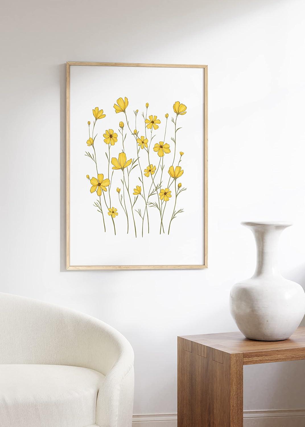 imageHAUS AND HUES Botanical Wall Art  Succulent and Cactus Prints Flower Pot Artwork for Home or Office Decor Beige Frame 16x20Yellow Cosmos