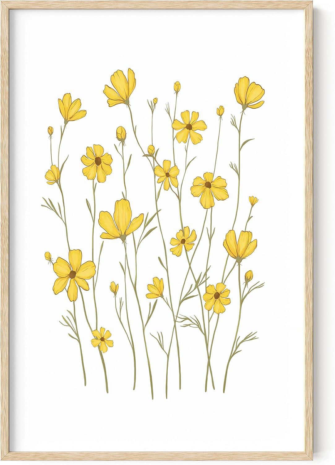 imageHAUS AND HUES Botanical Wall Art  Succulent and Cactus Prints Flower Pot Artwork for Home or Office Decor Beige Frame 16x20Yellow Cosmos