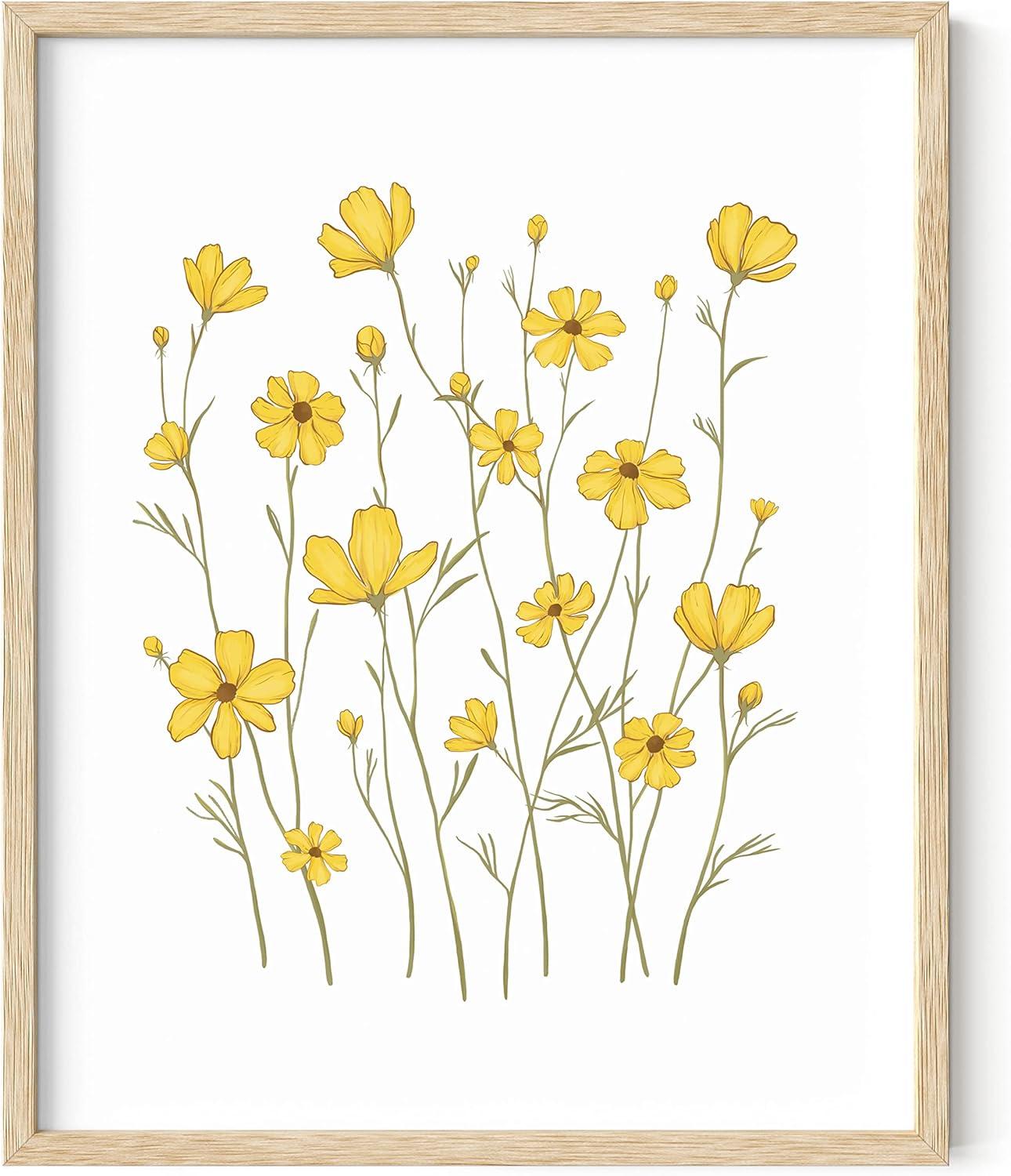 imageHAUS AND HUES Botanical Wall Art  Succulent and Cactus Prints Flower Pot Artwork for Home or Office Decor Beige Frame 16x20Yellow Cosmos