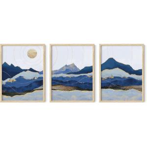 imageHAUS AND HUES Abstract Art Wall Decor  Set of 3 Abstract Wall Art for Living Room Blue Posters Geometric Wall Art Abstract Room Posters Aesthetic Colorful Wall Art Black Frame 24x36Blue Mountain