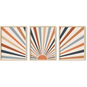 imageHAUS AND HUES Abstract Art Wall Decor  Set of 3 Abstract Wall Art for Living Room Blue Posters Geometric Wall Art Abstract Room Posters Aesthetic Colorful Wall Art Black Frame 24x36Retro Sun Rays