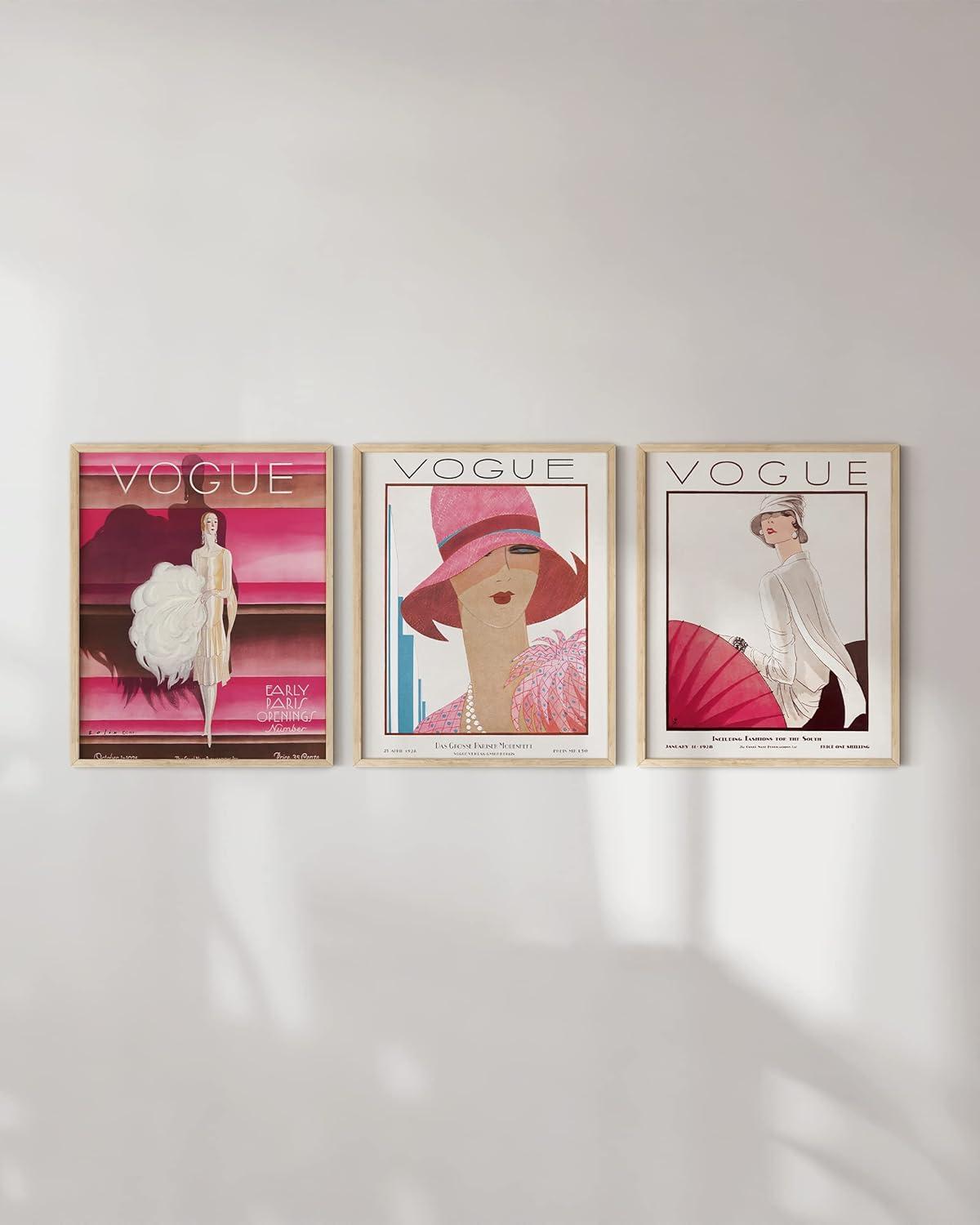 image:imageHAUS AND HUES Fashion Wall Art Print  Set of 3 Pink Pictures Wall Decor Fashion Magazine Framed Wall Art Fashion Vintage Wall Decor Vintage Poster Pink Wall Art Beige Framed 24x36