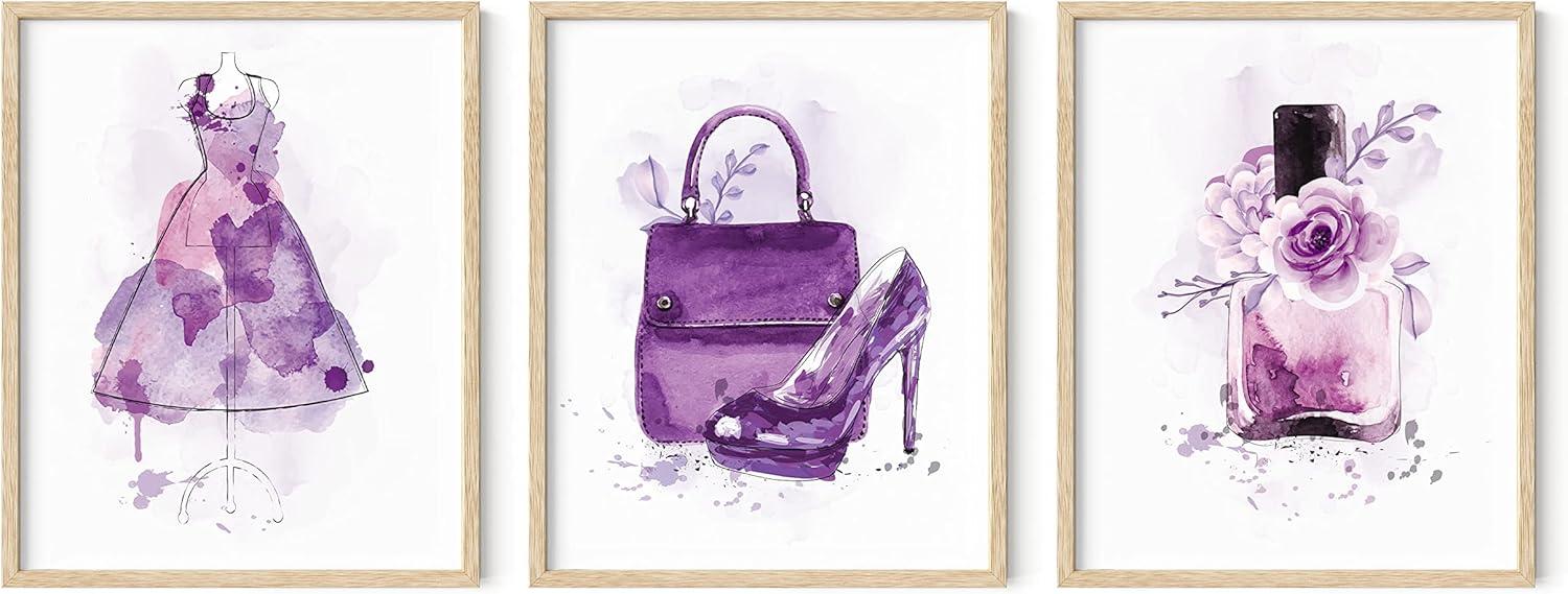 image:imageHAUS AND HUES Fashion Wall Art Set  Glam Purple Decor Designer Aesthetic Prints for Bedroom Beige Frame 24x36 Set of 3Purple Glam Watercolor