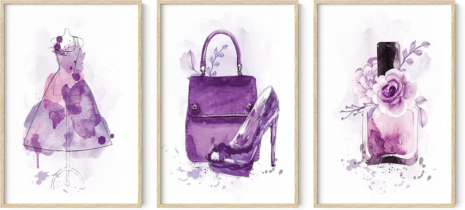 image:imageHAUS AND HUES Fashion Wall Art Set  Glam Purple Decor Designer Aesthetic Prints for Bedroom Beige Frame 24x36 Set of 3Purple Glam Watercolor