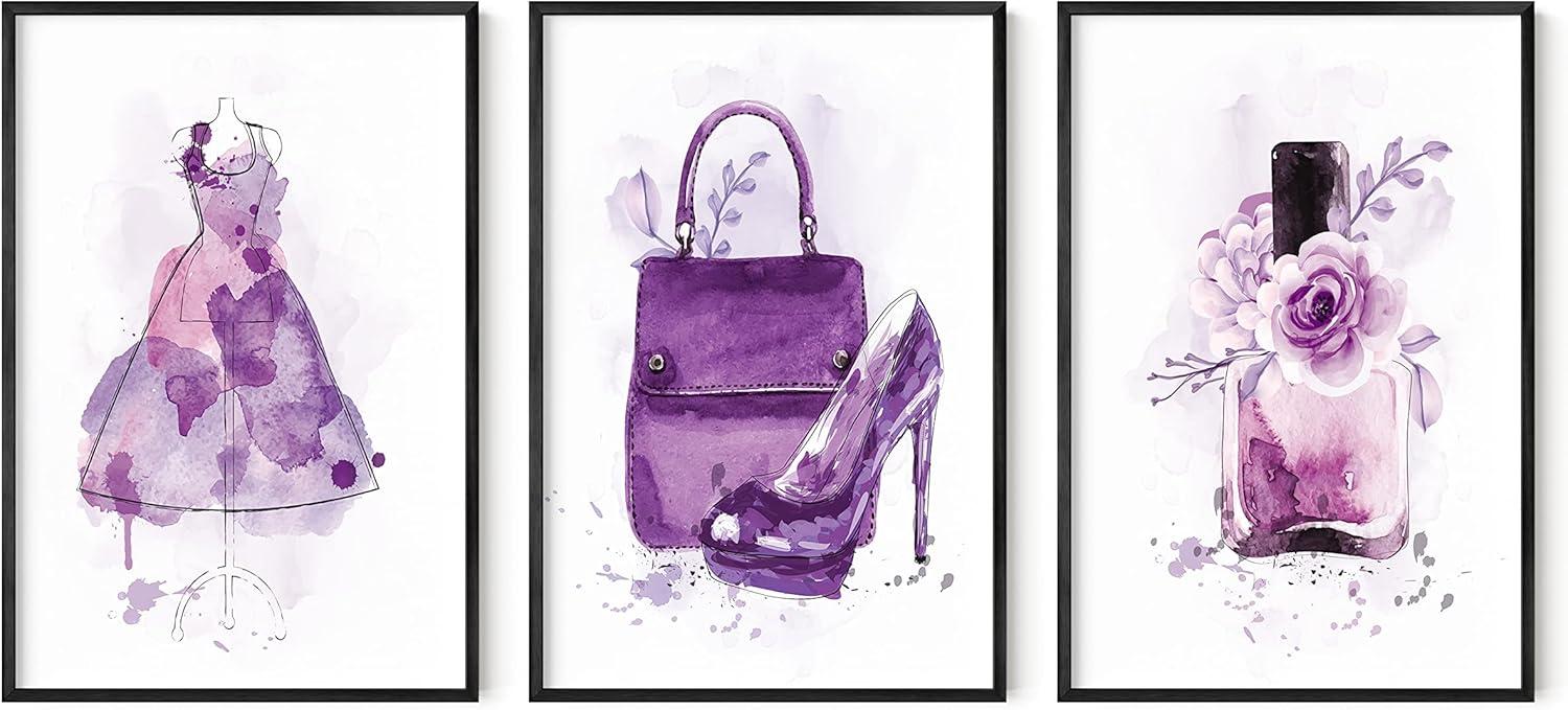 image:imageHAUS AND HUES Fashion Wall Art Set  Glam Purple Decor Designer Aesthetic Prints for Bedroom Beige Frame 24x36 Set of 3Purple Glam Watercolor