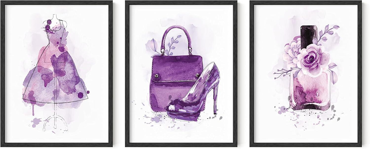 image:imageHAUS AND HUES Fashion Wall Art Set  Glam Purple Decor Designer Aesthetic Prints for Bedroom Beige Frame 24x36 Set of 3Purple Glam Watercolor