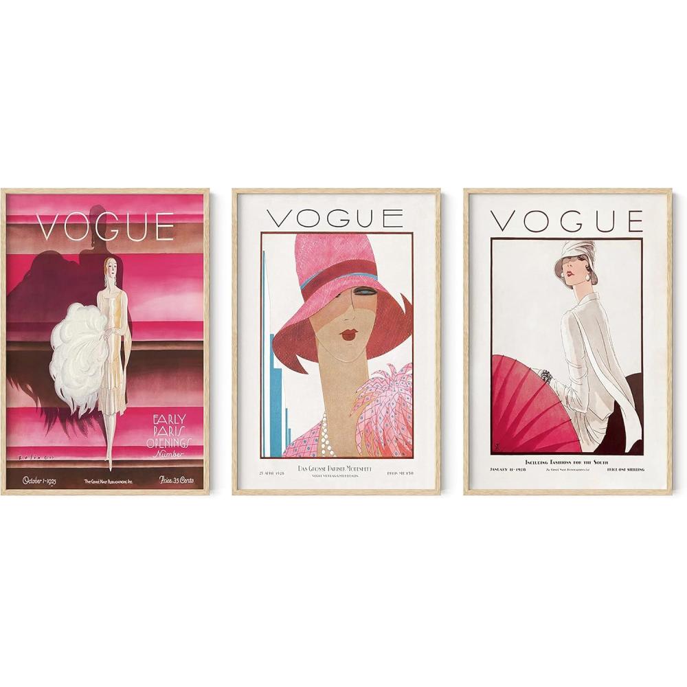 image:imageHAUS AND HUES Fashion Wall Art Print  Set of 3 Pink Pictures Wall Decor Fashion Magazine Framed Wall Art Fashion Vintage Wall Decor Vintage Poster Pink Wall Art Beige Framed 24x36