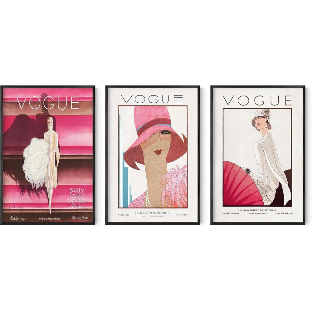 image:imageHAUS AND HUES Fashion Wall Art Print  Set of 3 Pink Pictures Wall Decor Fashion Magazine Framed Wall Art Fashion Vintage Wall Decor Vintage Poster Pink Wall Art Black Framed 24x36