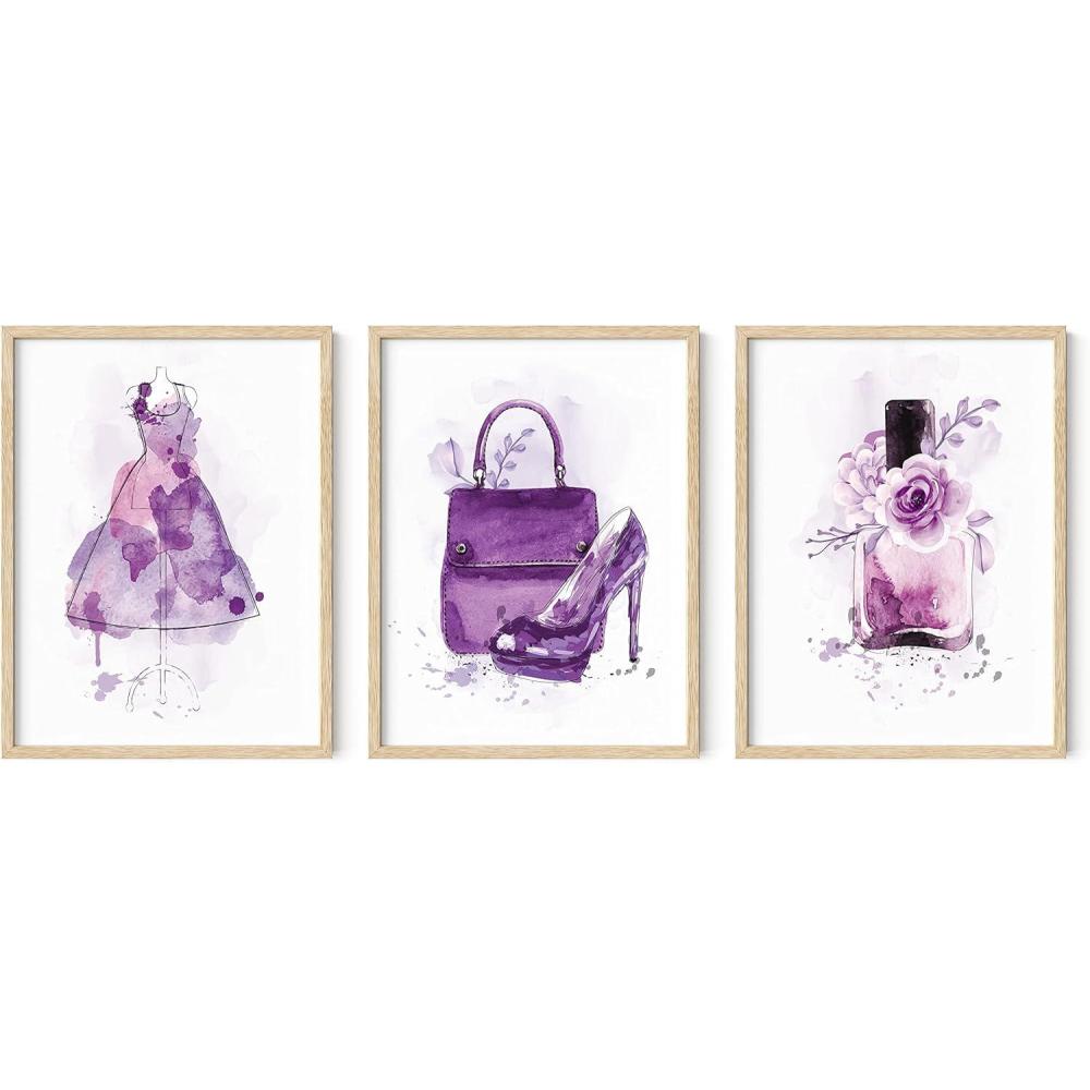 image:imageHAUS AND HUES Fashion Wall Art Set  Glam Purple Decor Designer Aesthetic Prints for Bedroom Beige Frame 24x36 Set of 3Purple Glam Watercolor