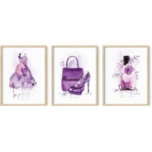image:imageHAUS AND HUES Fashion Wall Art Set  Glam Purple Decor Designer Aesthetic Prints for Bedroom Beige Frame 24x36 Set of 3Purple Glam Watercolor