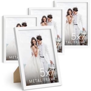 image:imageHAUS AND HUES 5x7 White Metal Picture Frames  Photo Frames 5X7  Features Premium Aluminum Vertical Hanging Easel Back for Tabletop Home Office 5x7 in White Set of 4